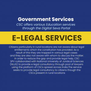 Image promoting E-Legal Services through the Digital Seva Portal, highlighting legal aid for rural citizens.
