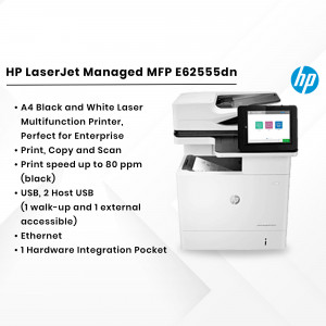 HP LaserJet Managed MFP E62555dn - A4 Black and White Multifunction Printer
