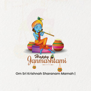 Illustration of Lord Krishna playing the flute with decorative pots and the text 'Happy Janmashtami'