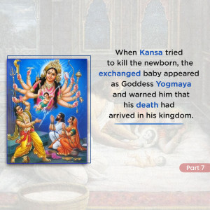 Illustration of Goddess Yogmaya with a baby, depicting a scene from Hindu mythology.