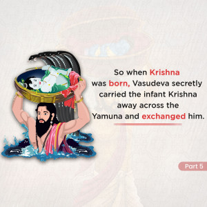 Illustration of Vasudeva carrying baby Krishna across the Yamuna river