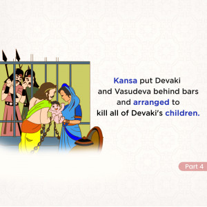 Illustration depicting Kansa imprisoning Devaki and Vasudeva with a baby.