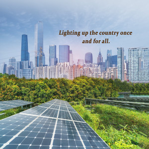 City skyline with solar panels in the foreground, representing renewable energy.