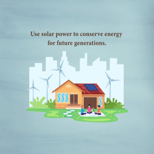 Illustration of a house with solar panels, wind turbines, and a family enjoying a picnic, promoting renewable energy.