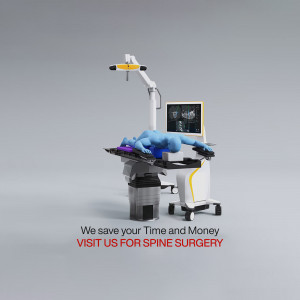 Robotic surgical system for spine surgery with a patient on the table.