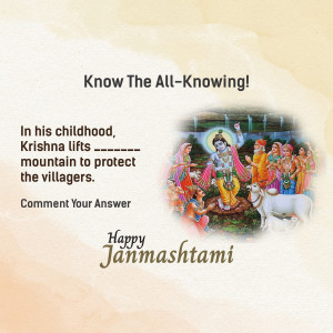 Image depicting Lord Krishna lifting Govardhan Hill to protect villagers during a storm, celebrating Janmashtami.