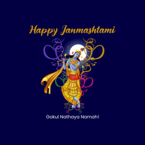 Illustration of Lord Krishna playing the flute on a dark blue background with text 'Happy Janmashtami' and 'Gokul Nathaya Namahi'.