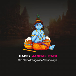 Illustration of baby Krishna with butter pots and temple background