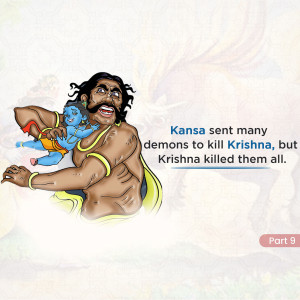 Illustration of Kansa holding baby Krishna, with text describing attempts to kill Krishna.