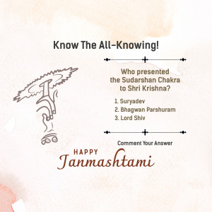 Janmashtami quiz image with a question about Lord Krishna and the Sudarshan Chakra.