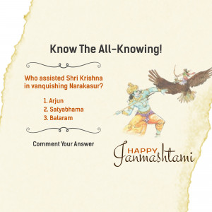 Image depicting Lord Krishna and Garuda with a Janmashtami quiz question.