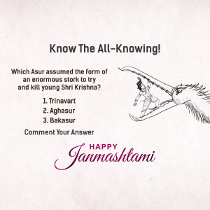 Illustration of baby Krishna being carried away by a stork with a quiz question about a demon.