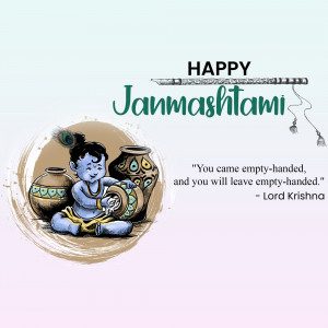 Illustration of baby Krishna with pots and a peacock feather, celebrating Janmashtami