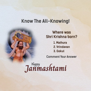 Image depicting a Janmashtami quiz question with a sage carrying a palanquin and options for Krishna's birthplace.