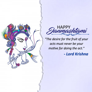 Illustration of Lord Krishna playing the flute with a Janmashtami greeting.