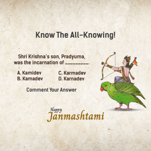 Image of Pradyumna with a parrot, posing a multiple-choice question for Janmashtami.