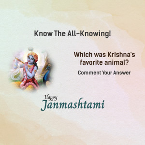 Image of Lord Krishna with a quiz question about his favorite animal for Janmashtami.