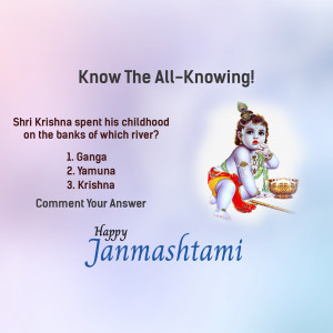 Image of baby Krishna with a quiz question for Janmashtami