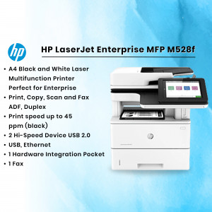 HP LaserJet Enterprise MFP M528f printer, a white and gray multifunction laser printer with a touchscreen display.