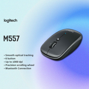 Logitech M557 wireless mouse on a gradient blue background