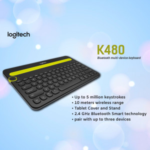 Logitech K480 Bluetooth Multi-Device Keyboard on a blue gradient background