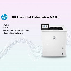 HP LaserJet Enterprise M611x monochrome printer with features listed