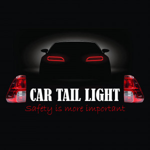 Close-up of a car's tail lights with text emphasizing safety