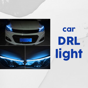 Close-up of a white car with bright blue DRL lights