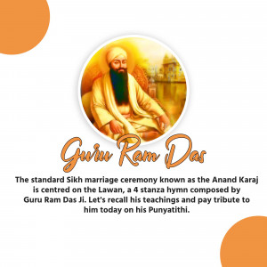 Image of Guru Ram Das Ji with text about Anand Karaj and Punyathi
