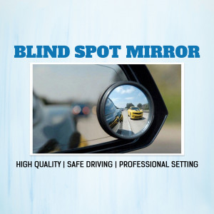 Close-up of a blind spot mirror showing a car in the adjacent lane on a highway.