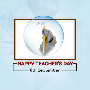 Image depicting a hand holding a pencil inside a bubble with the text 'Happy Teacher's Day'