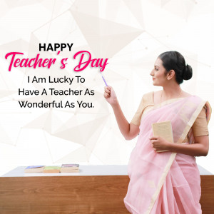 A woman in a saree, representing a teacher, with text wishing Happy Teacher's Day.