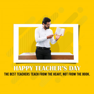 A man in a white shirt reading a book with the text 'Happy Teacher's Day'