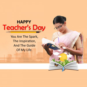 A woman in a saree reading a book with a 'Happy Teacher's Day' message.