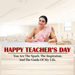 A female teacher smiling and sitting at a desk with books, with a 'Happy Teacher's Day' message.