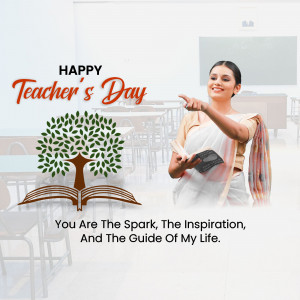 A woman in a saree pointing forward with a classroom background and a graphic of a book and tree.