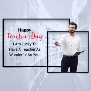 A man smiling and holding a book with a 'Happy Teacher's Day' message.