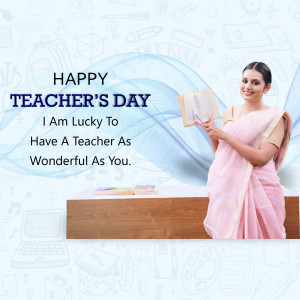 A woman in a saree smiling and holding a book, with a 'Happy Teacher's Day' message.