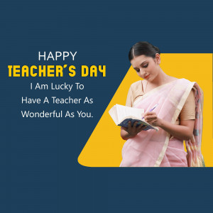 A woman in a saree writing in a notebook with a 'Happy Teacher's Day' message.