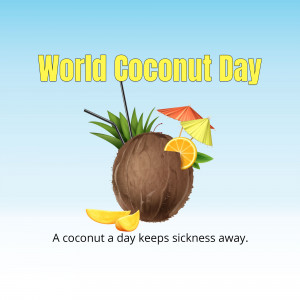 Image celebrating World Coconut Day with a coconut drink and fruit