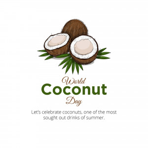 Illustration of halved coconuts with green leaves and text 'World Coconut Day'