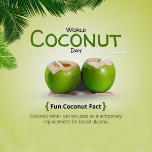 Two young coconuts with straws on a light green background with palm leaves and text celebrating World Coconut Day.
