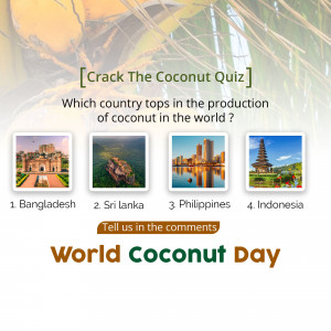 Image of a quiz question about coconut production with options of different countries.