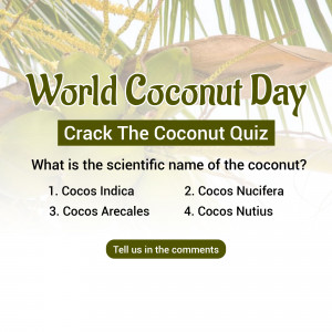 Image promoting a World Coconut Day quiz with coconut visuals and a multiple-choice question.