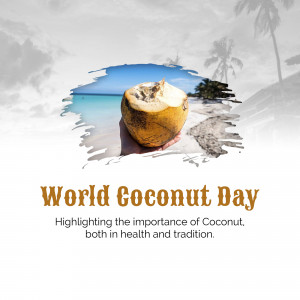 A hand holding a halved coconut with a beach background and the text 'World Coconut Day'