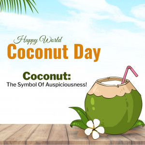 Image celebrating World Coconut Day with a coconut drink and palm leaves.