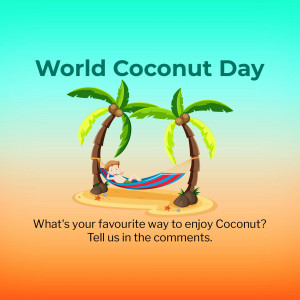 Illustration of a person relaxing in a hammock between two coconut palm trees on a sandy beach for World Coconut Day.