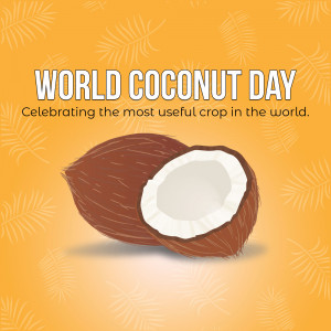 Image celebrating World Coconut Day with a coconut and tropical leaves.