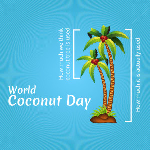 Illustration of two coconut trees with coconuts on a blue background with text 'World Coconut Day'