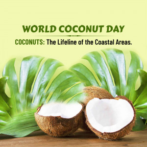 Image celebrating World Coconut Day with coconuts and palm leaves